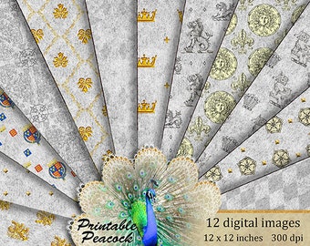 Heraldic White Digital Paper, Medieval Digital Paper, Royal background, Royal Scrapbook Paper, Vintage Digital Paper, Renaissance