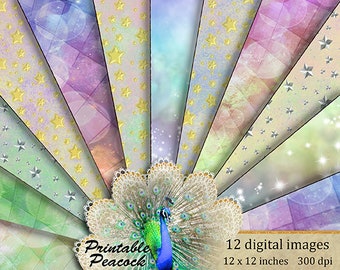 Rainbow Clouds Digital Paper, Rainbow Backgrounds, Printable Fantasy Cloud Textures, Star Scrapbook Papers, Watercolor Backgrounds
