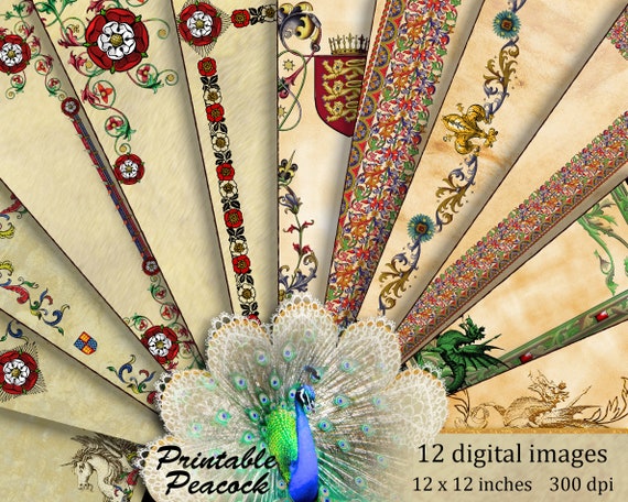 Illuminated Manuscript Paper: Medieval Tudor Rose & Dragon Borders