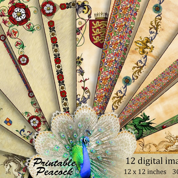 Illuminated Manuscript, Tudor Rose, Heraldic Dragon Paper, Medieval Digital Paper, Royal Parchment Paper, Renaissance Borders