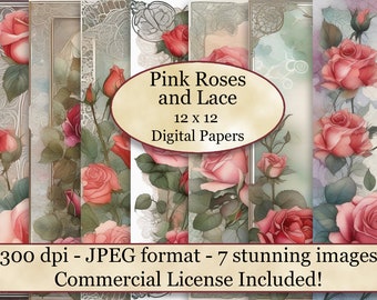 Pink Roses and Lace Digital Paper, Elegant Wedding Digital Paper, Watercolor Floral Paper, Roses and Lace Scrapbook Paper, Royal Wedding