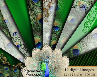 Peacock Green Digital Paper, Peacock Scrapbook Paper, Peacock Printable Paper, Peacock Design, Peacock Feathers