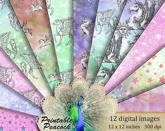 Pegasus Digital Paper, Unicorn Rainbow Backgrounds, Printable Fantasy Cloud Textures, Star Scrapbook Papers, Watercolor Backgrounds