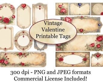 Vintage Valentine Tags: Roses, Hearts, Parchment (PNG, JPEG)