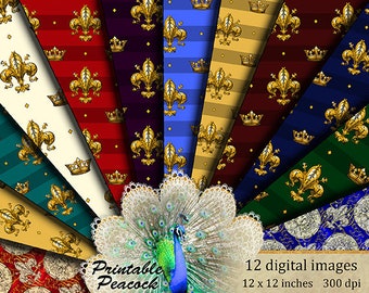 Fleur de lis Digital Paper, Royal Crown Digital Paper, Royal Background, Fleur de lis Scrapbook Paper, Medieval Background, Royal Printable