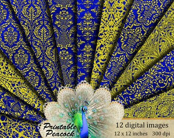 Royal Blue and Gold Damask Digital Paper, Gold Lace Scrapbook Paper, Victorian Digital Paper, Blue Brocade Digital Paper,