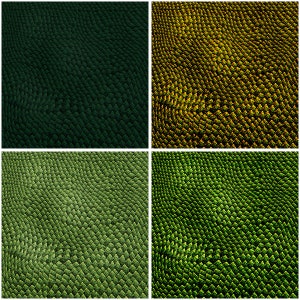May include: A four-panel image showcasing abstract textures. Each panel displays a different color variation of a repeating, scale-like pattern. Colors range from deep green to golden yellow and lighter shades of green, creating a visually dynamic composition.