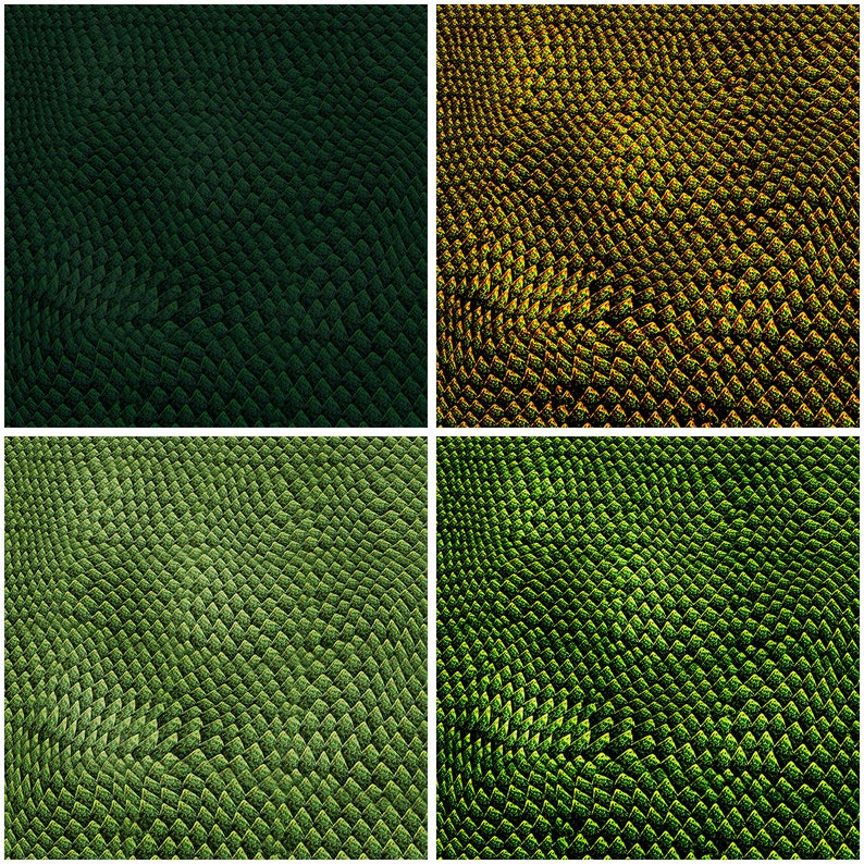 May include: A four-panel image showcasing abstract textures. Each panel displays a different color variation of a repeating, scale-like pattern. Colors range from deep green to golden yellow and lighter shades of green, creating a visually dynamic composition.