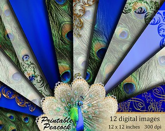 Peacock Blue Digital Paper, Peacock Scrapbook Paper, Peacock Printable Paper, Peacock Design, Peacock Feathers