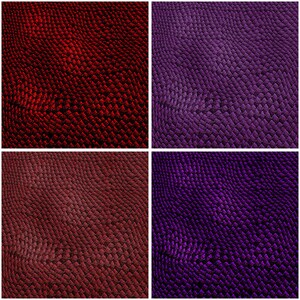 May include: A collage of four textured backgrounds. The top left is a deep red, the top right is purple, the bottom left is maroon, and the bottom right is a darker purple. Each background has a scale-like pattern.