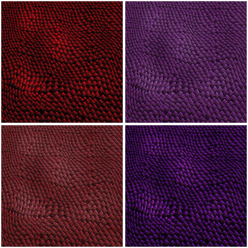 May include: A collage of four textured backgrounds. The top left is a deep red, the top right is purple, the bottom left is maroon, and the bottom right is a darker purple. Each background has a scale-like pattern.