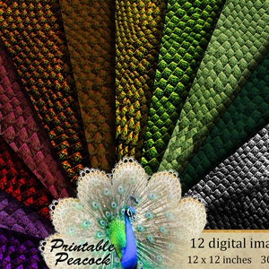 May include: A digital art print featuring twelve 12 x 12 inch images with a reptile scale pattern in various colors, including red, orange, green, and black. A peacock illustration is in the foreground with the text "Printable Peacock".
