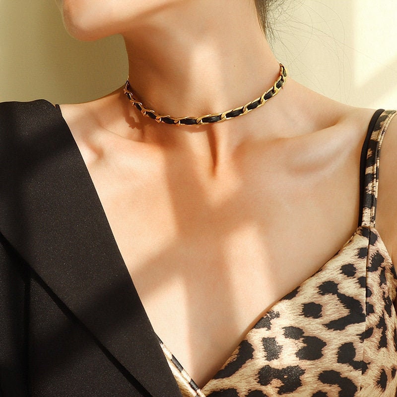 Chanel 2017 Black and Gold CC Pearl Leather Woven Chain Choker · INTO