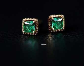 Espárragos de esmeralda de oro macizo, pendientes de oro macizo de 9K, pendientes de oro real, pendientes delicados de primavera y verano, pendientes elegantes, regalo para ella