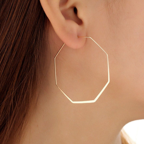 Gold Extra Skinny Hexagon Hoop Earrings, Extra Large Earrings. Minimalist Geometric Earrings, Gold Geometric Hoop Earrings