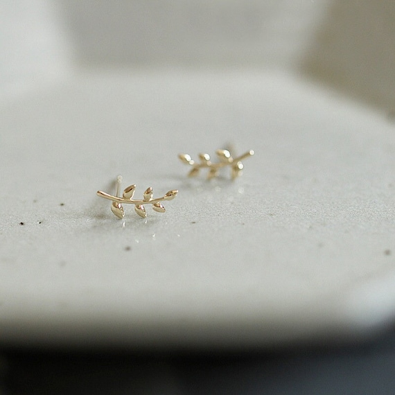 9K Gold Earrings, Leaf Elegant Studs, Real Solid Gold Dainty Studs, Cute Earrings, Gif For Her