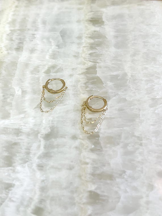 9K Solid Gold Double Layer Chain Earring, Fringe Elegant Small Hoop Earring, Pure 9K Gold Earring, Aesthetic Charm Earring, Gift For Her