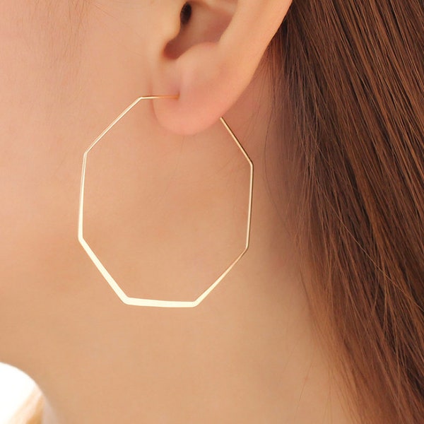 Gold Extra Skinny Hexagon Hoop Earrings, Extra Large Earrings. Minimalist Geometric Earrings, Gold Geometric Hoop Earrings