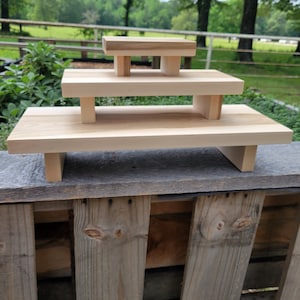 Three Tier Hardwood Altar Table Set, Yoga Studio Meditation Space, Multi Level Crystal Display Shelf