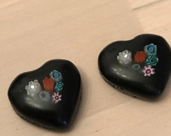 2 Very Rare Amazing Venetian Blown Glass Black Hearts with Stunning Millefiori / Authentic Murano Glass