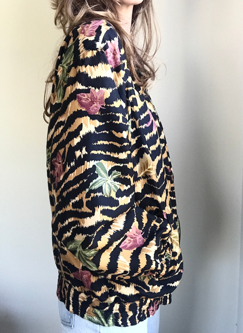 vintage silk animal print floral track jacket vintage windbreaker bomber jacket womens medium