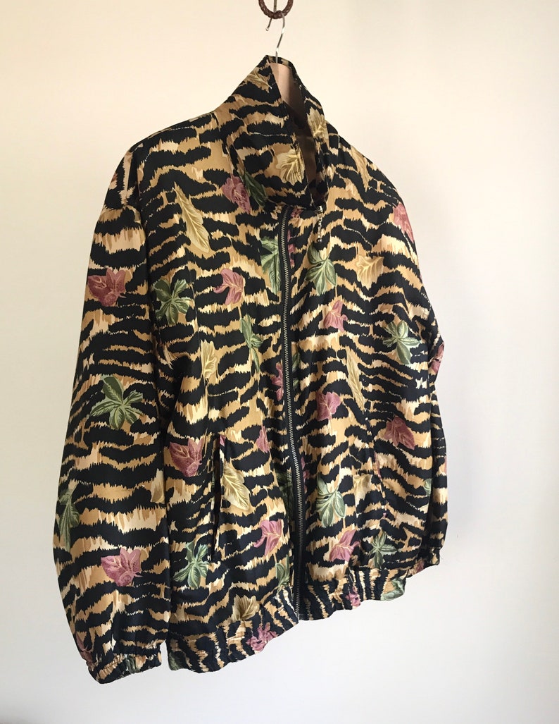 vintage silk animal print floral track jacket vintage windbreaker bomber jacket womens medium