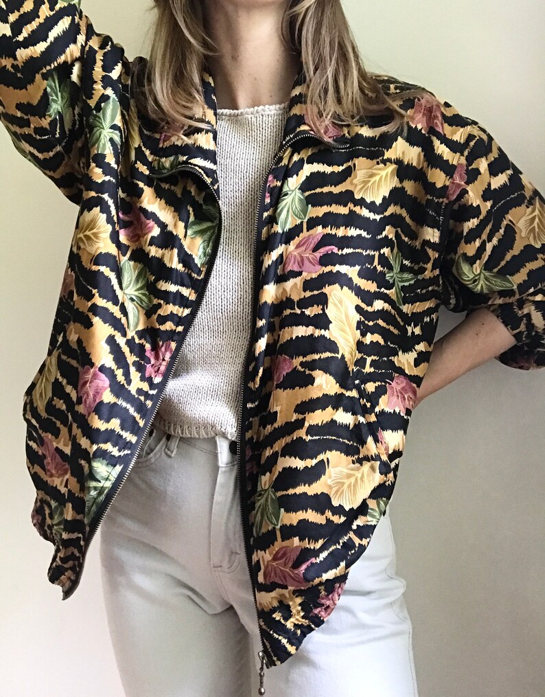 vintage silk animal print floral track jacket vintage windbreaker bomber jacket womens medium