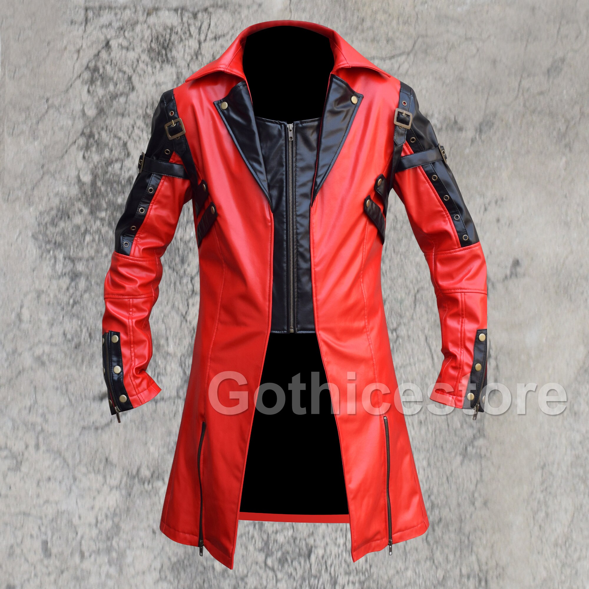 Image of steampunk Goth Military Jacket Red & Black Leather Matrix Trench