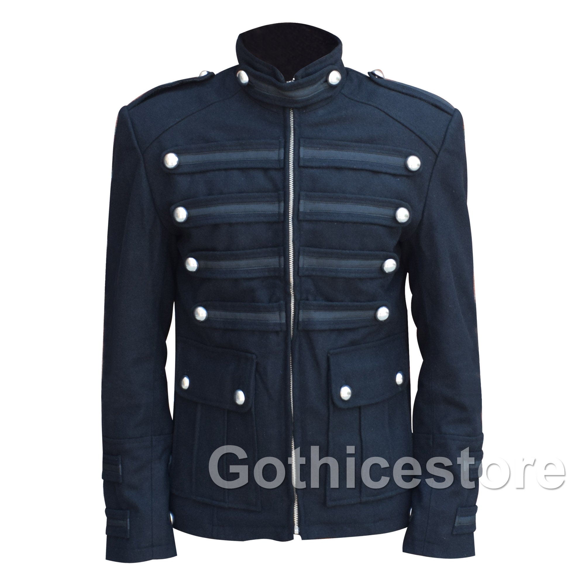 Image of Gothic Steampunk Military Jacket Black Goth Punk Band Vintage Coat Officer
