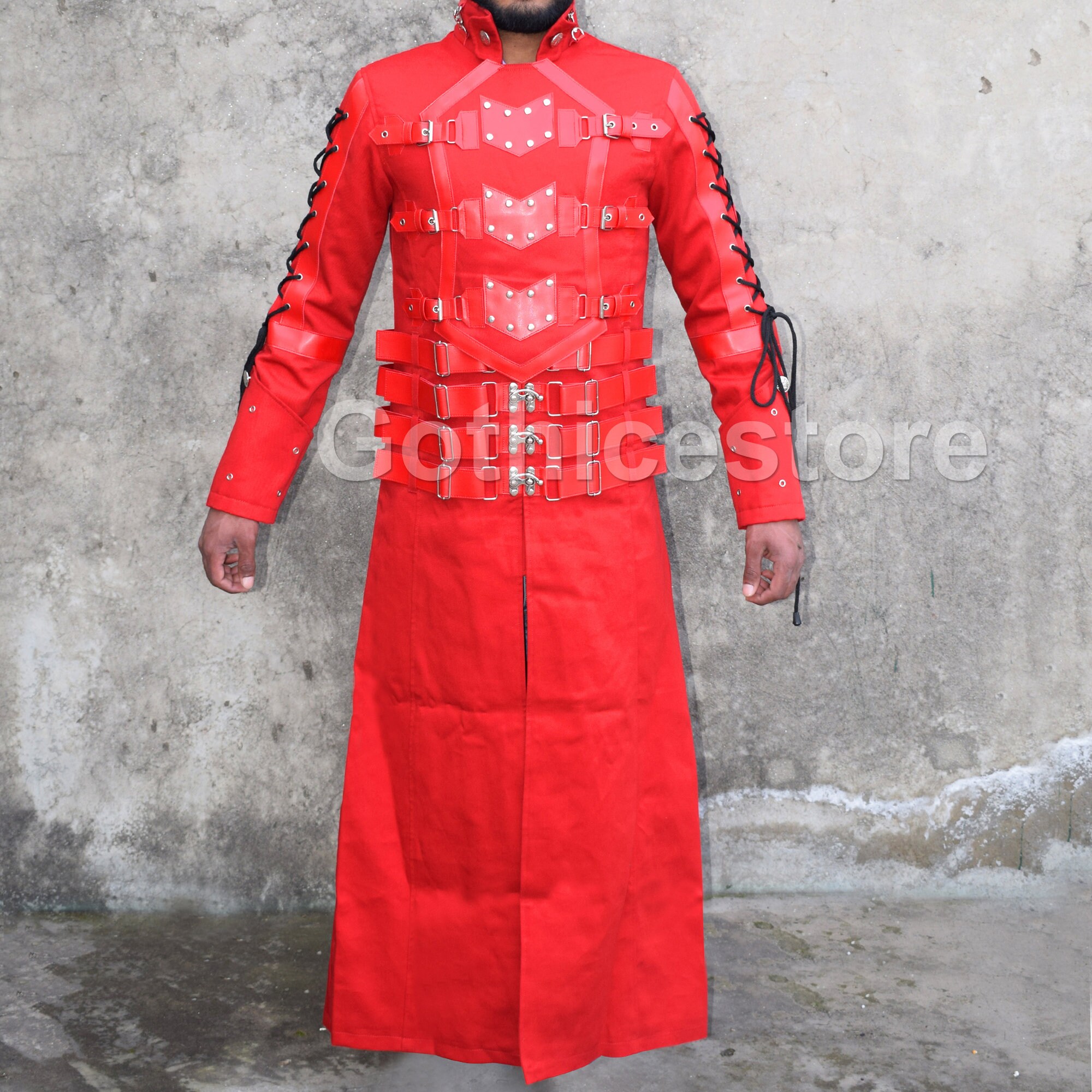 Image of Custom Hellraiser Coat Red Goth Dark Gothic Steampunk Jacket Punk Vampire Men Long