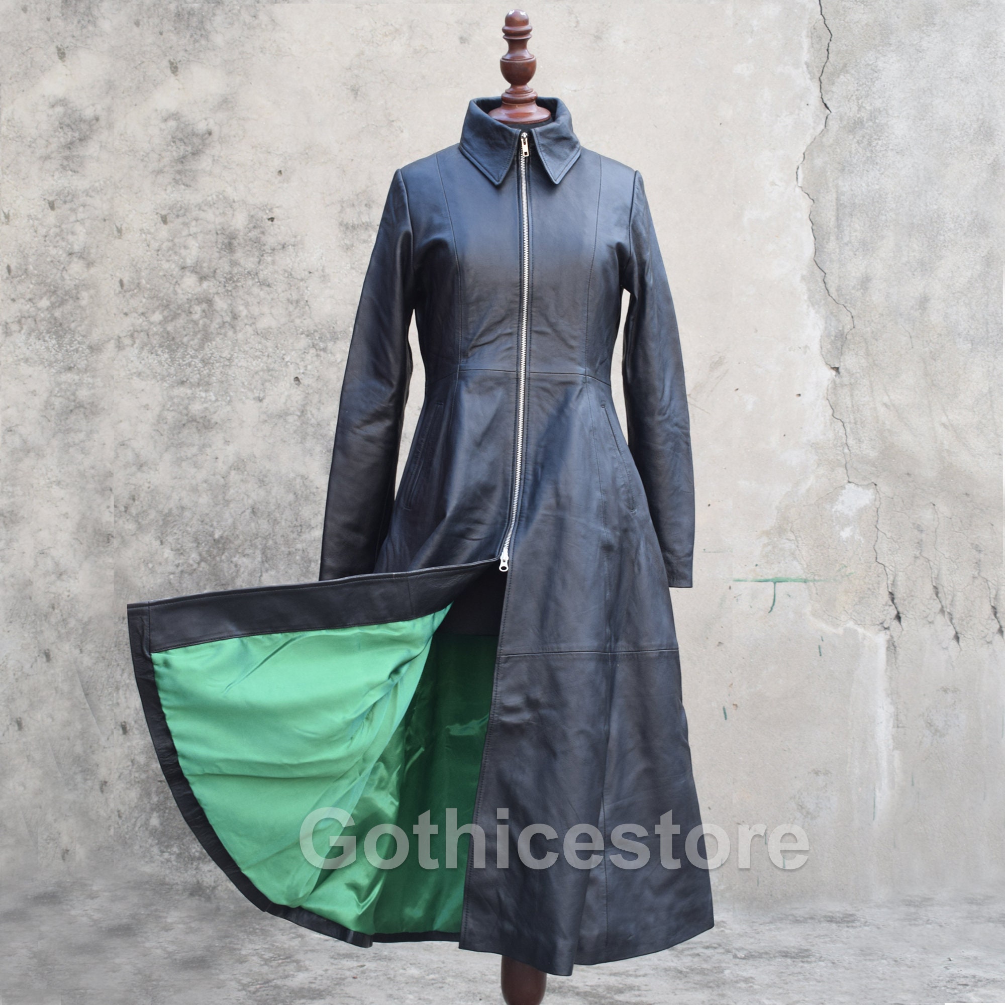 Image of Women Gothic Coat Black Soft Vampire Long Jacket Victorian Lamb Leather Full Length