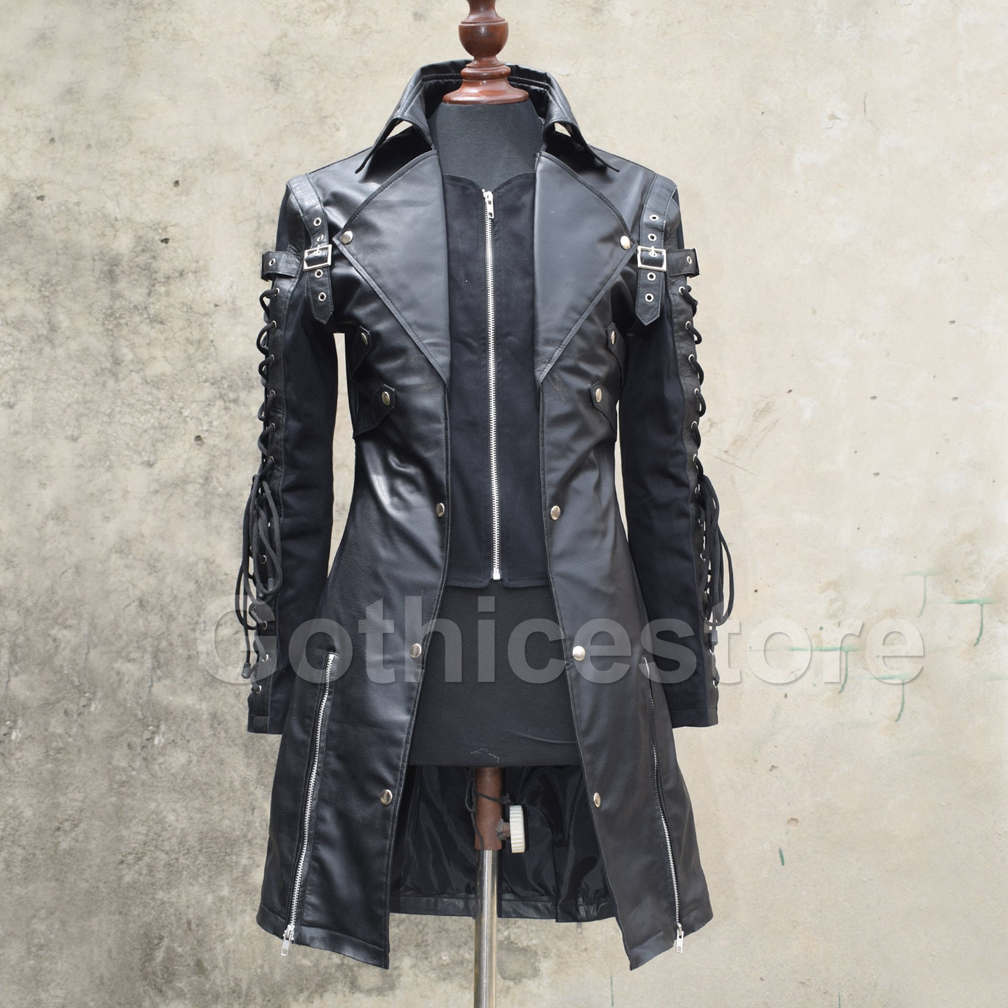 All Sizes Steampunk Gothic Men Leather Black Coat Jacket