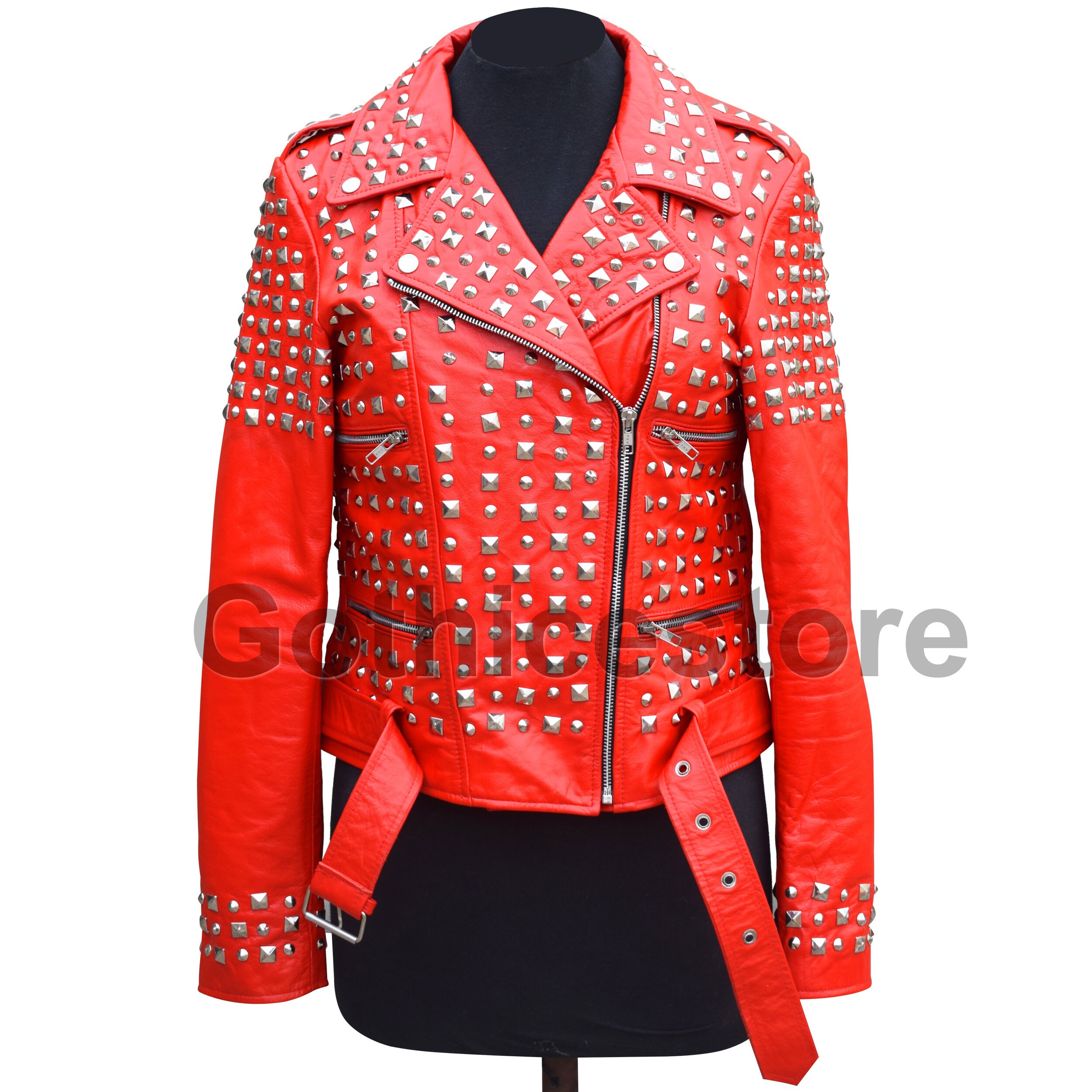 Image of Custom Women Biker Jacket Red Genuine Leather Gothic Puck Rock Ladies Studded