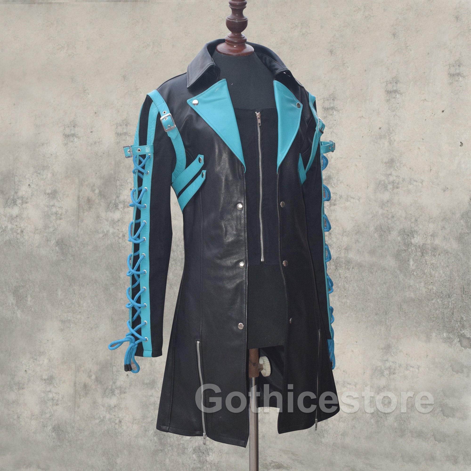 Image of Men Gothic Coat Black Real Leather Punk Goth Steampunk Military Style Jacket