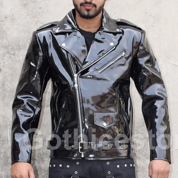 Men/'s Gothic Moto PU BLACK Vinyl PVC Moto Jacket Punk Fetish EMO Biker Jacket