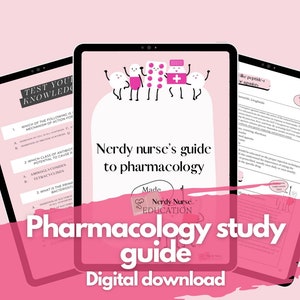 Könnte beinhalten: Ein rosa-weißer digitaler Download-Leitfaden für einen Nerdy-Nurse-Leitfaden zur Pharmakologie. Der Leitfaden zeigt eine Cartoon-Illustration von Pillen und einer Flasche mit einem Pluszeichen. Der Text auf dem Leitfaden lautet "Nerdy Nurse's Guide to Pharmacology" und "Pharmacology Study Guide".