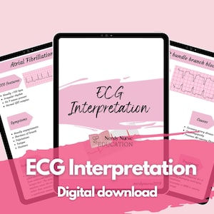 Könnte beinhalten: Ein digitaler Download für einen ECG-Interpretationskurs. Das Bild zeigt einen rosa und weißen Tablet-Bildschirm mit dem Text "ECG Interpretation" und "Nerdy Nurse Education".