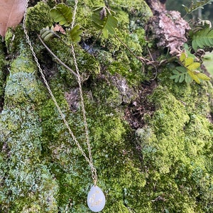 Puede incluir: Un collar de cadena plateada con un colgante blanco en forma de l&aacute;grima con un dise&ntilde;o de media luna dorada y estrellas.
