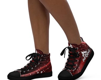 Wysokie trampki Inferno dla kobiet – czerwone i czarne płócienne buty z płomieniami | Moda uliczna i moda alternatywna