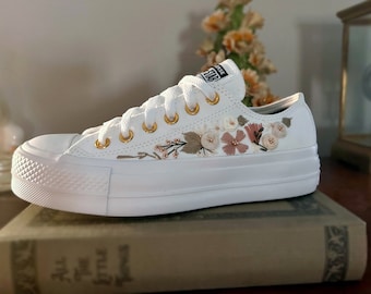 Embroidered Converse Bridal Shoes - Custom Embroidery on Converse Chuck Taylor All Stars for Wedding, Matching Bridal Bouquet, With Beading