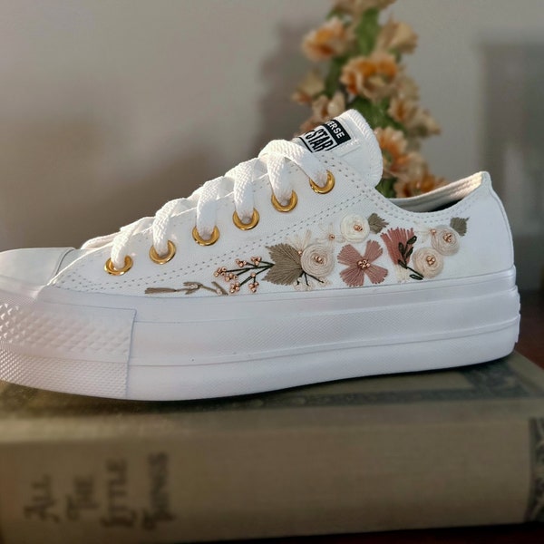 Embroidered Converse Bridal Shoes - Custom Embroidery on Converse Chuck Taylor All Stars for Wedding, Matching Bridal Bouquet, With Beading