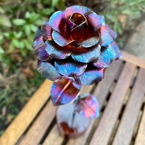 Everlasting Copper Rose | Long Stem | Hammer-Formed Details | Iridescent Flame Patina