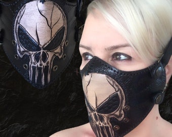 Leather Half Face Mask, Punisher Skull Mask, Motorcycle Mask