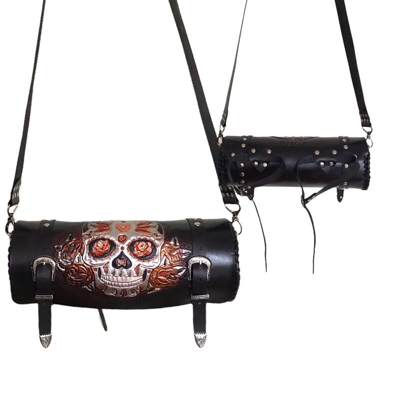 Custom Leather Motorcycle Tool Bag Sissy Bar Bag Sugar Skull Etsy