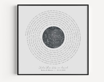 Wedding Song Print, first anniversary paper gift, star map gift, constellation map print, first dance song lyrics, lyrics in circle