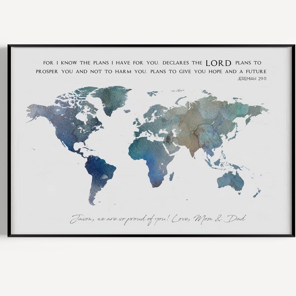 Graduation Gift for Him, Class of 2022 gifts, world map print, for I know the plans, graduation gift for son, grad gift for him high school