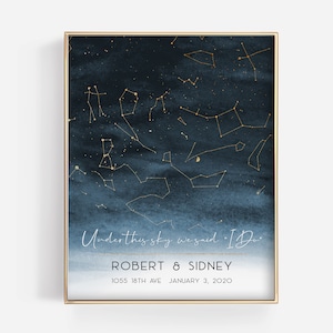 Mapa de estrellas del cielo nocturno personalizado, regalo de aniversario para esposo, regalo de boda, regalo de compromiso para pareja, bajo estas estrellas impresas, 1er aniversario