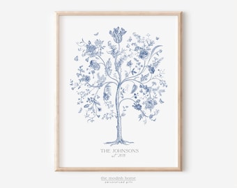 Árbol genealógico Imprimir Regalo del Día de la Madre Árbol genealógico personalizado Regalo para abuelos Regalo de aniversario padres Árbol genealógico personalizado flores azules