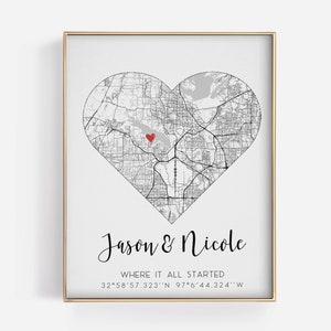 VALENTINES GIFT Where We Met Gift, heart map frame, where we met map, anniversary gift for him, paper anniversary, wedding gift