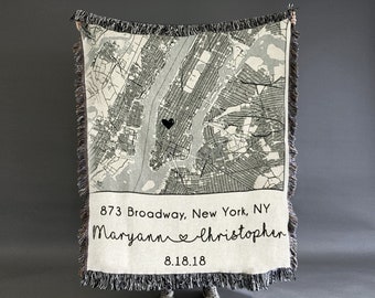 Woven Cotton Throw, Custom Map in Heart, Personalized Throw Blanket, 2nd Anniversary Gift Anniversary Gift Couple, Cotton Anniversary Gift